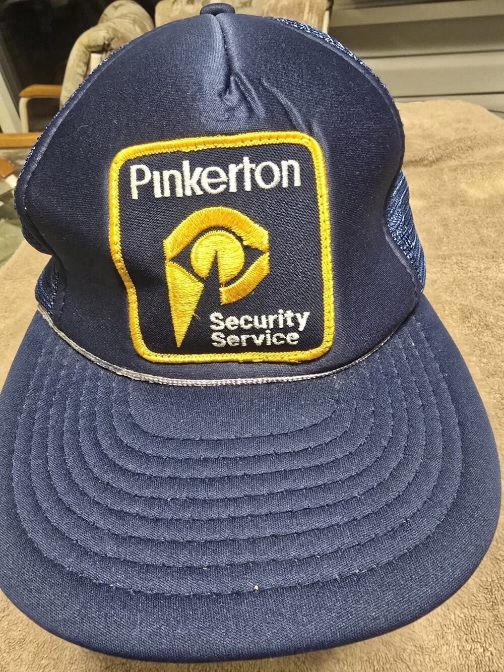 Vintage Pinkerton Security Service Patch Mesh Trucker Hat Snapback Sportcap Blue